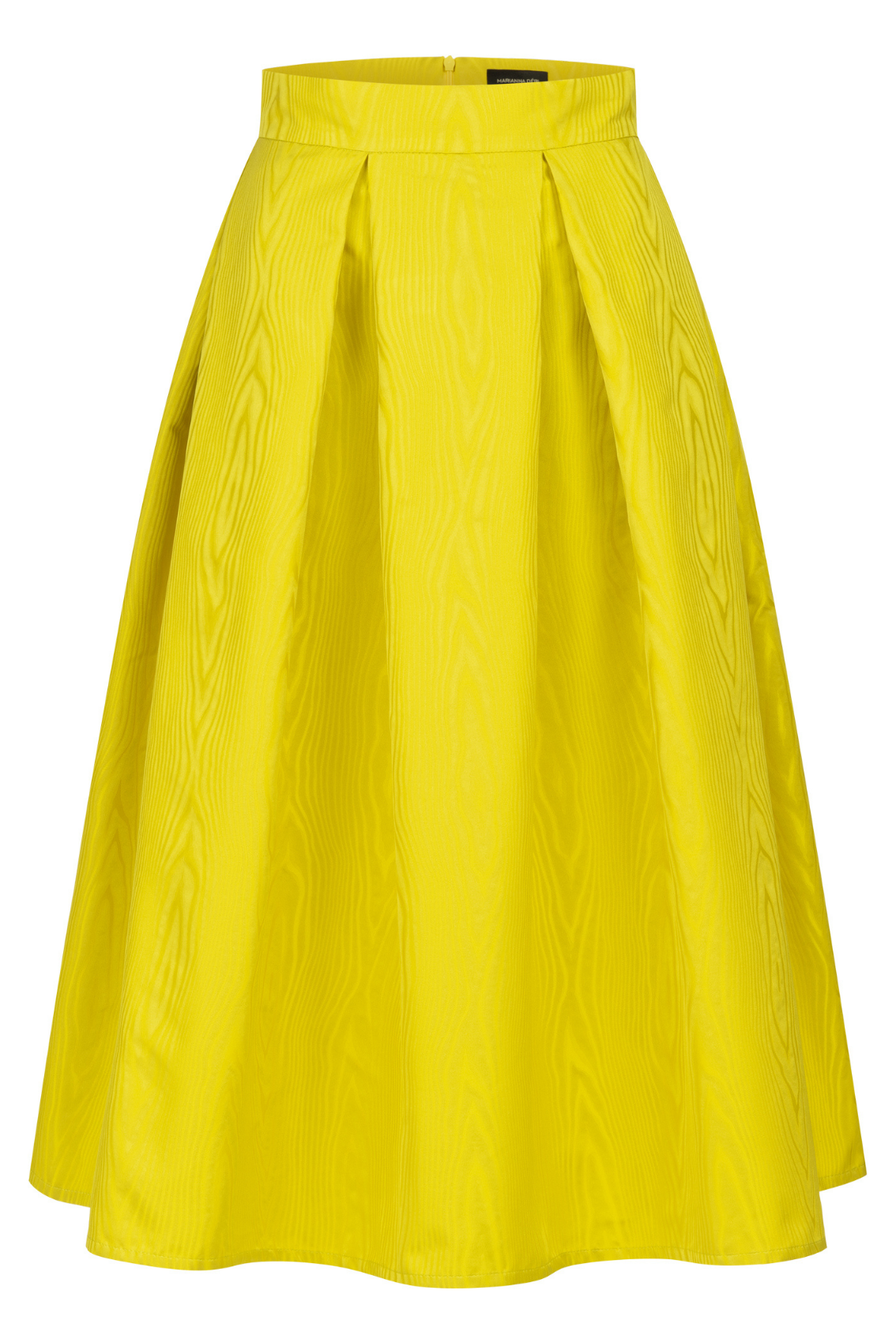 Midirock in Lemon mit Kellerfalten, Frontansicht mit ausgestellter Silhouette und Seitentaschen.