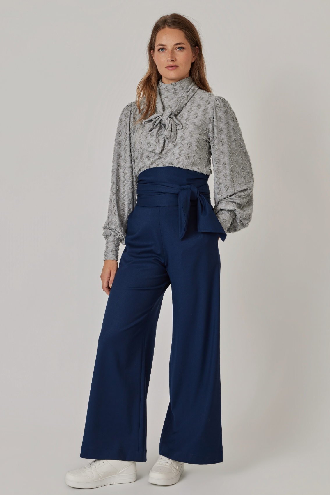Navy Wide-Leg Trousers with Tie Belt