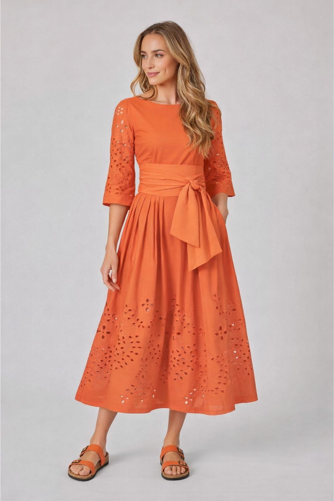 Midi Dress with Broderie Anglaise and Tie Belt Orange
