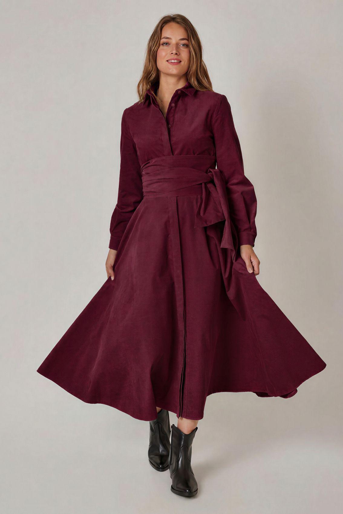 Cord-Blusenkleid mit Bindegürtel Aubergine