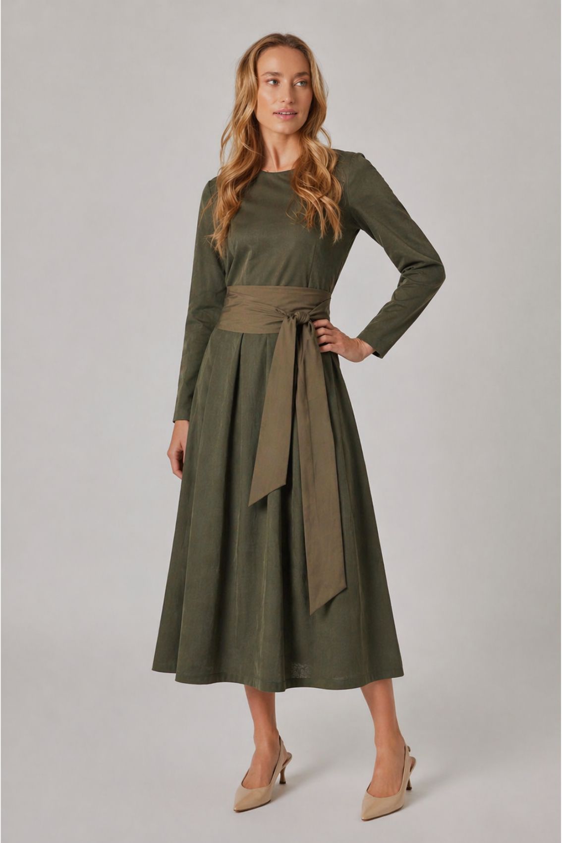 Feincord Kleid mit Gürtel Olive