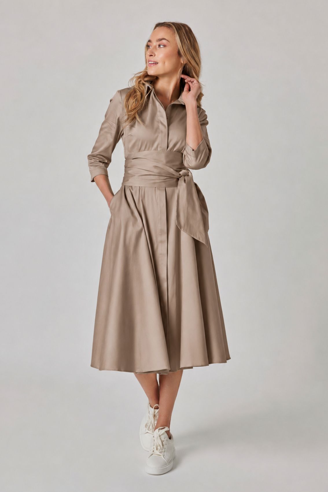 Taupe Shirt Dress with Tie Belt