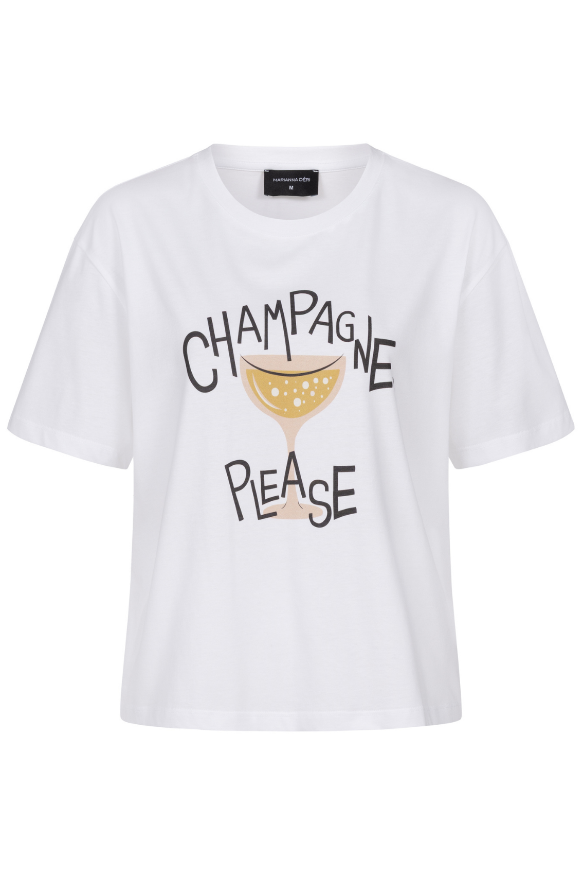 Weißes T-Shirt mit Rundhalsausschnitt und kurzem Arm, Frontansicht mit „Champagne Please“-Print und Glasmotiv.