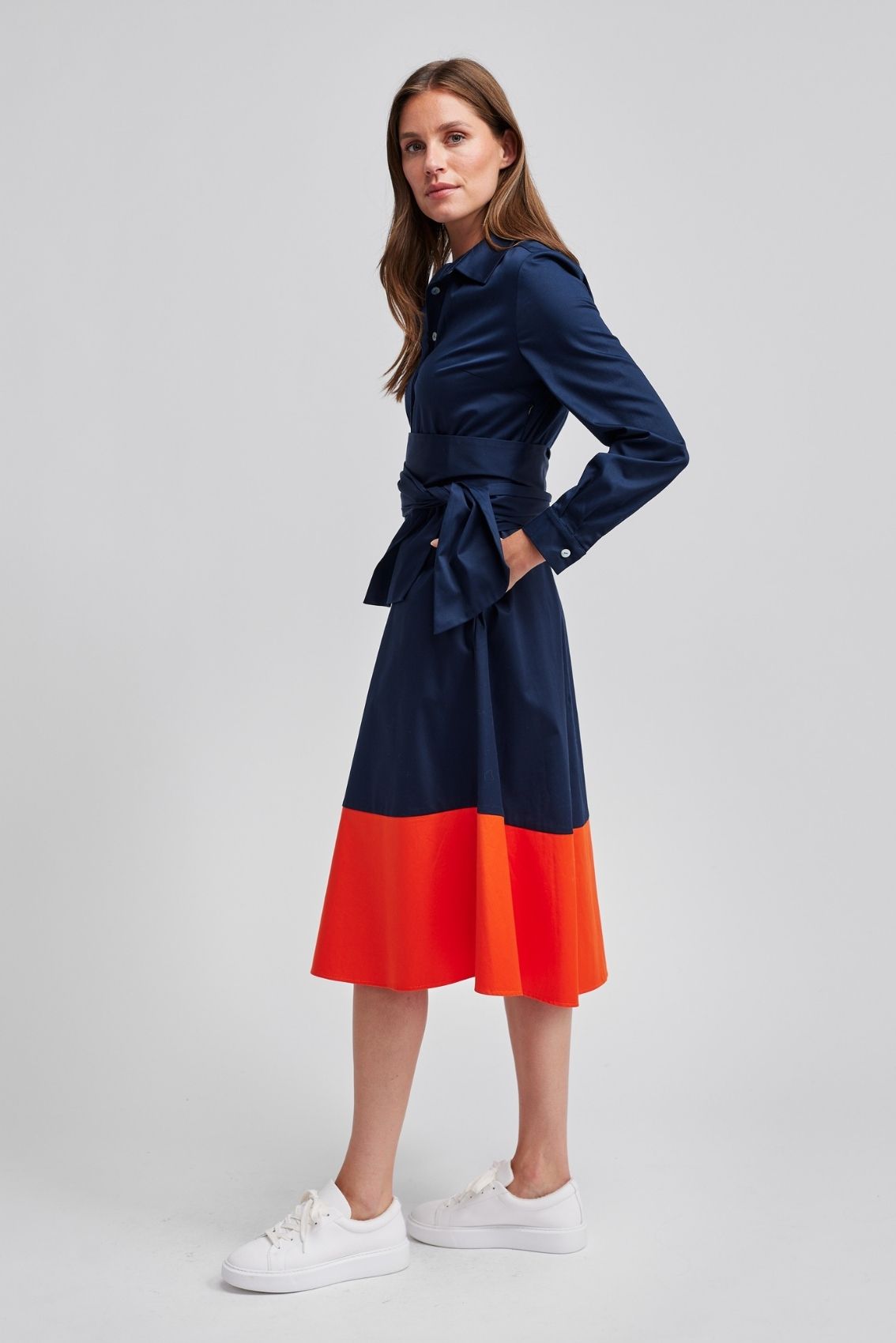 Blusenkleid mit Bindegürtel Navy-Orange