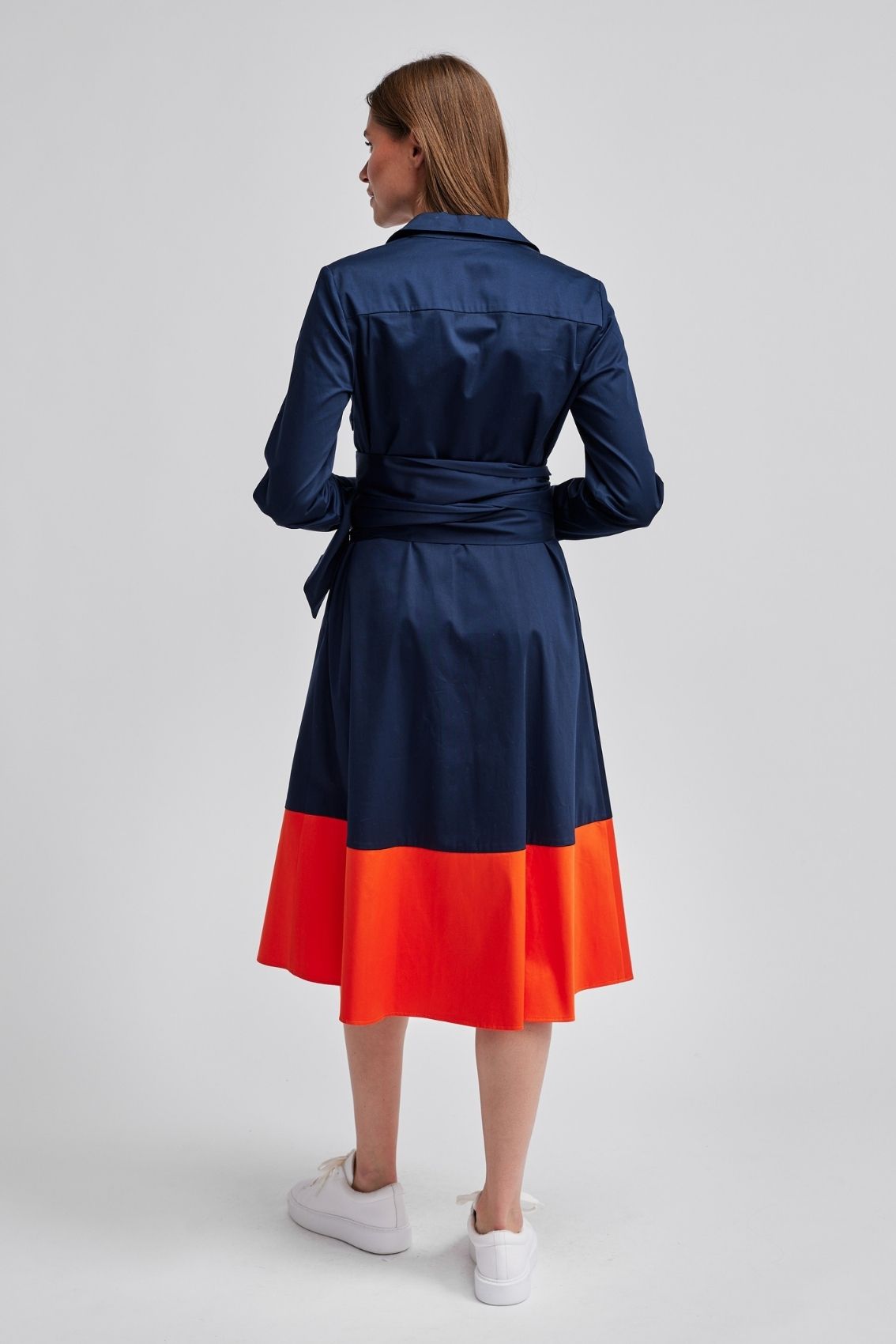 Blusenkleid mit Bindegürtel Navy-Orange