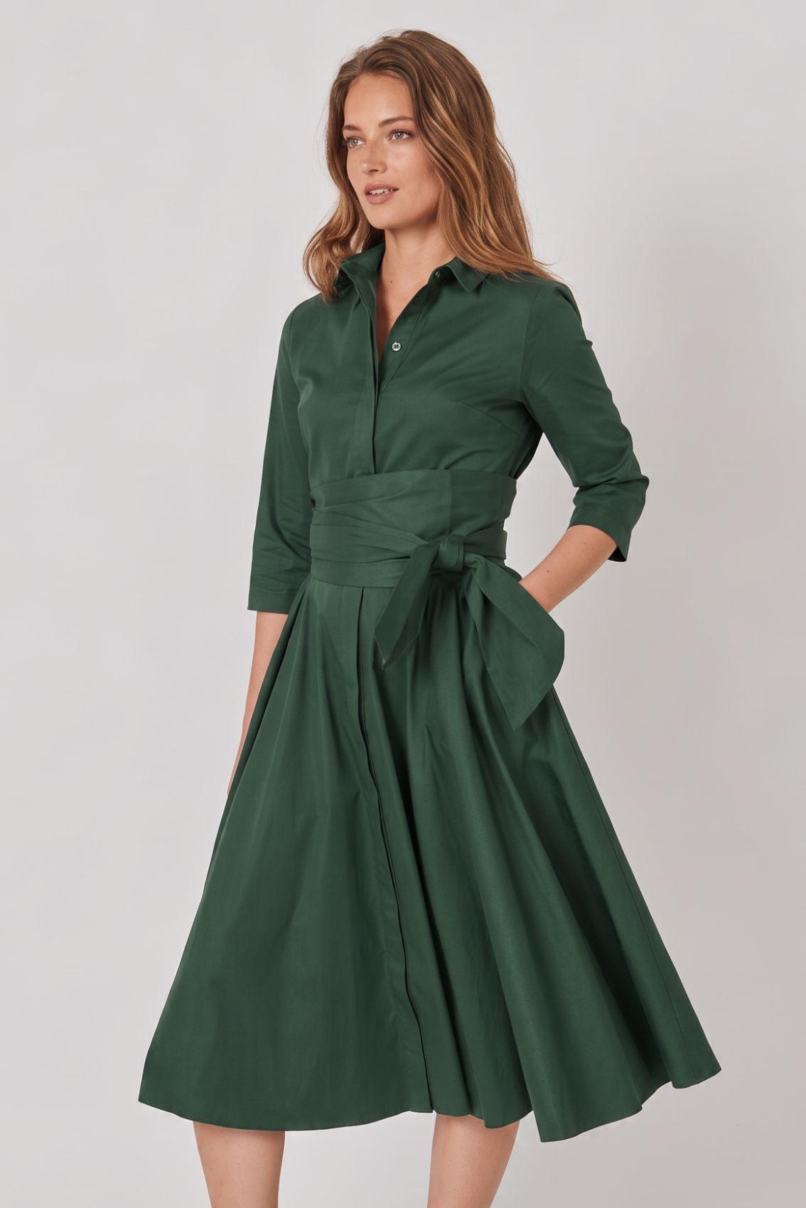Satin Shirt Dress with Tie Belt Sage Green