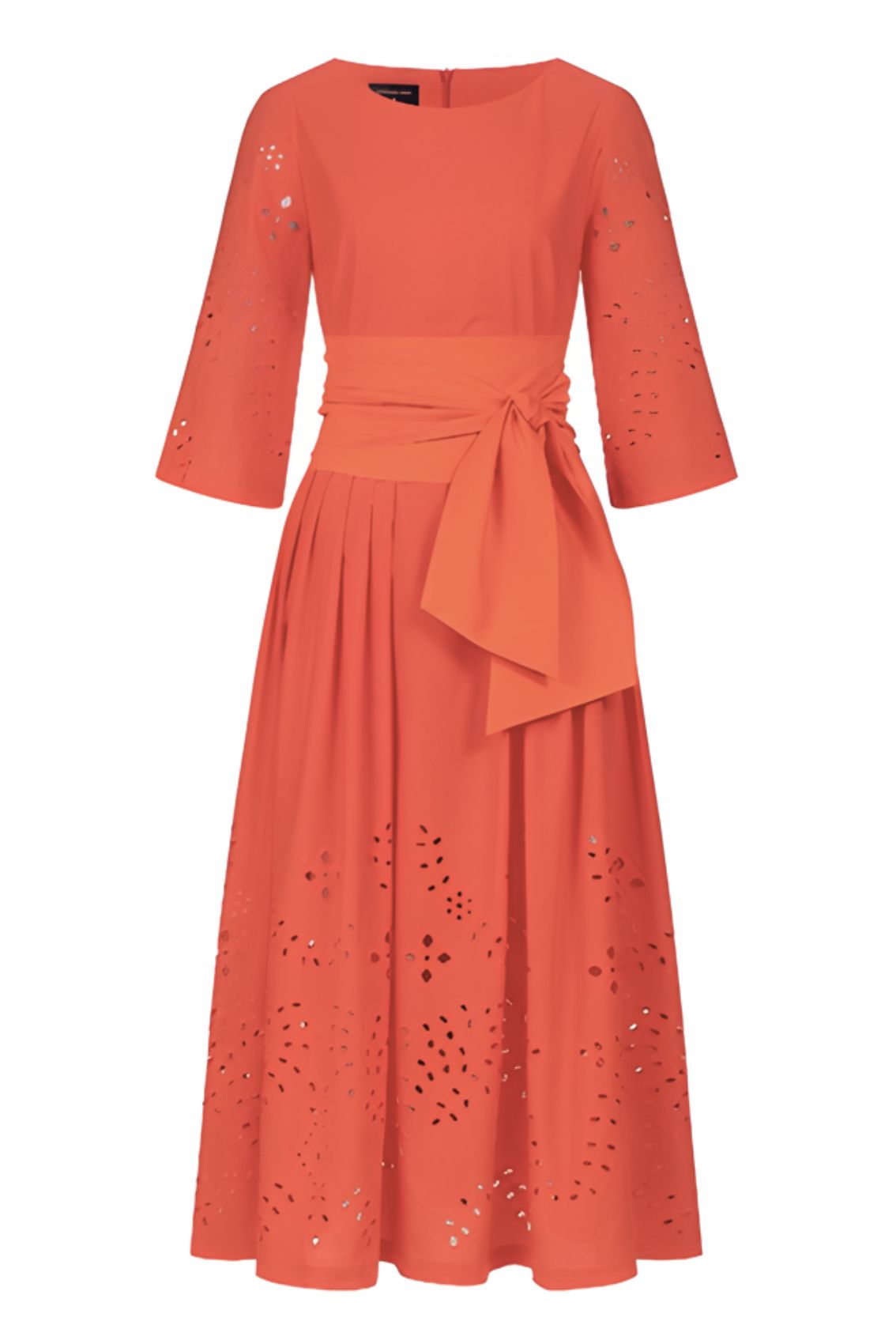 Midi Dress with Broderie Anglaise and Tie Belt Orange