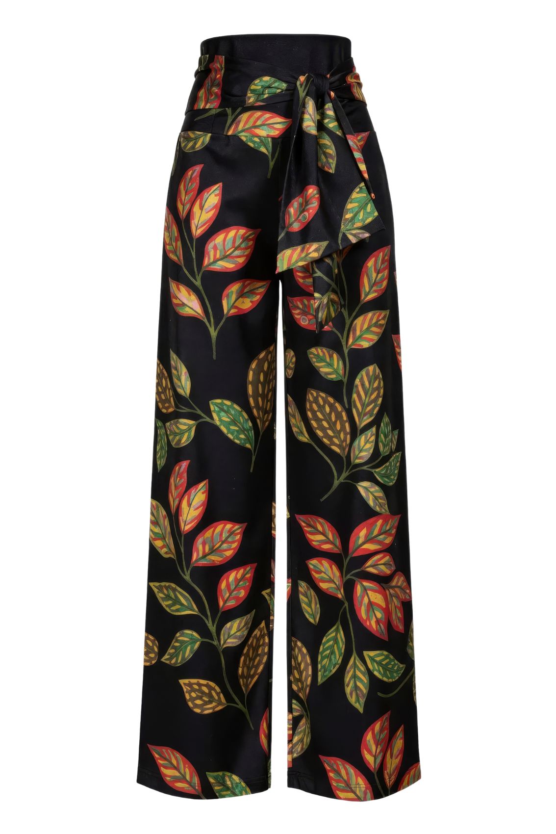 Weite Hose mit Bindegürtel Blätterprint Schwarz