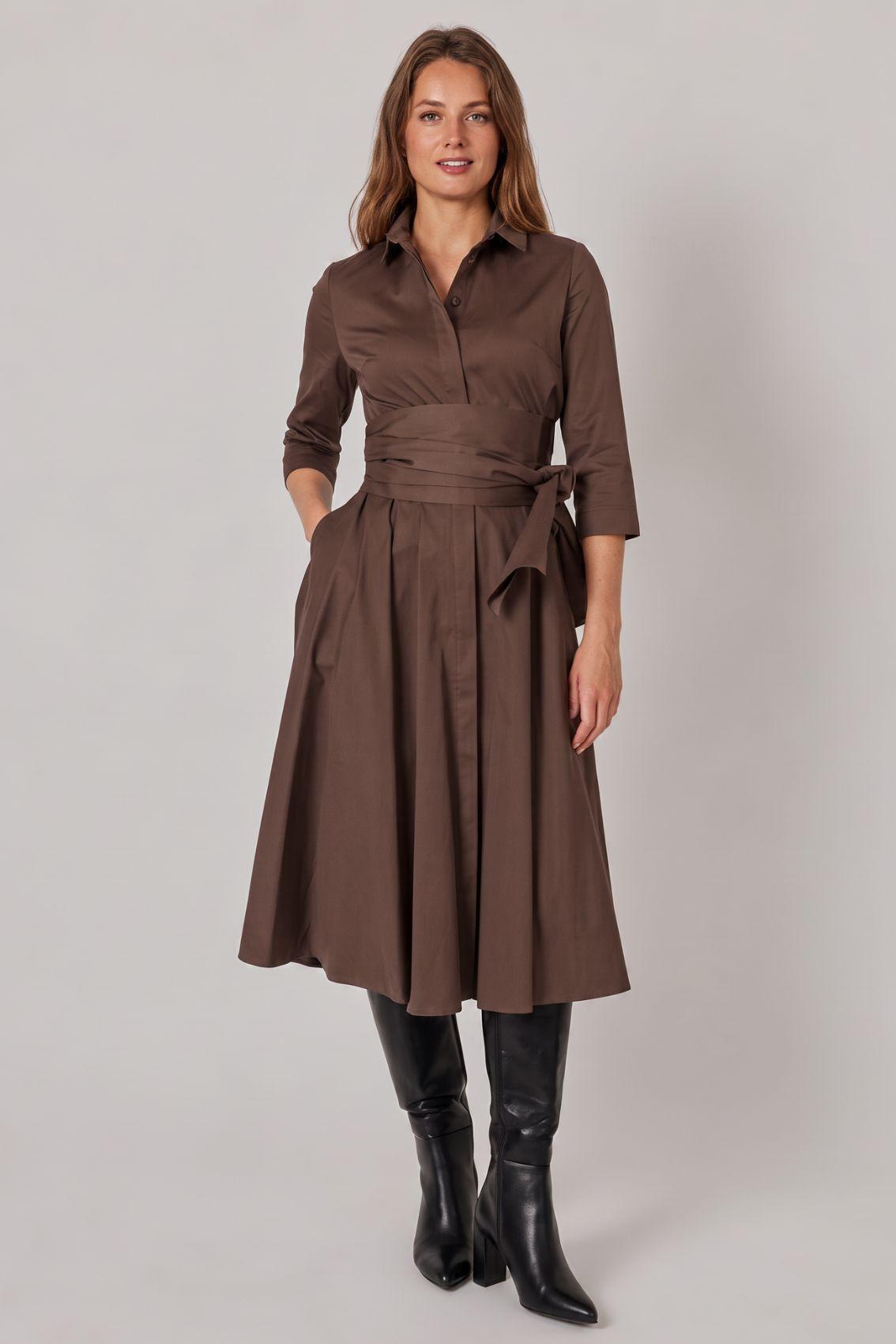 Satin Shirt Dress with Tie Belt Cappuccino