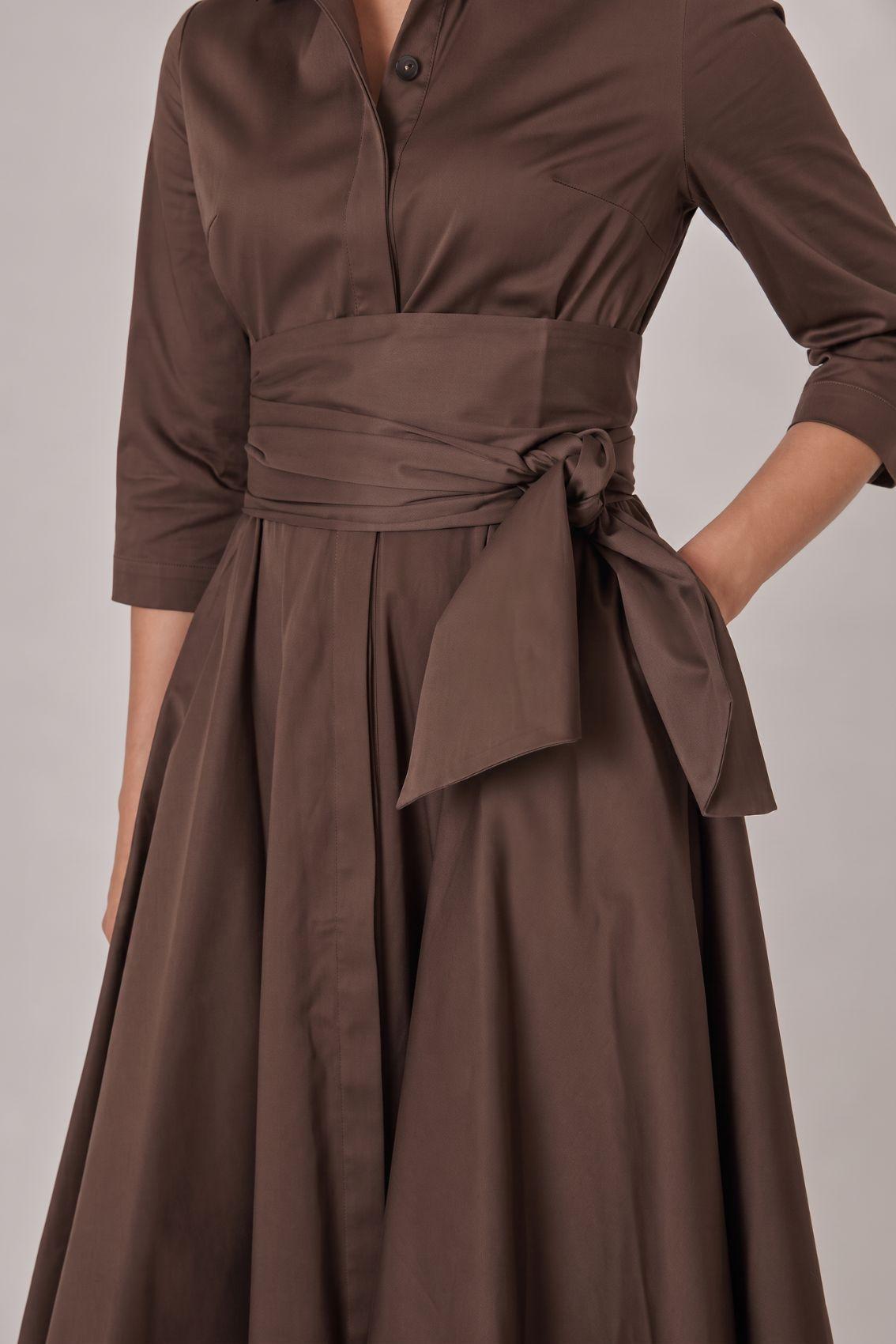 Satin Shirt Dress with Tie Belt Cappuccino