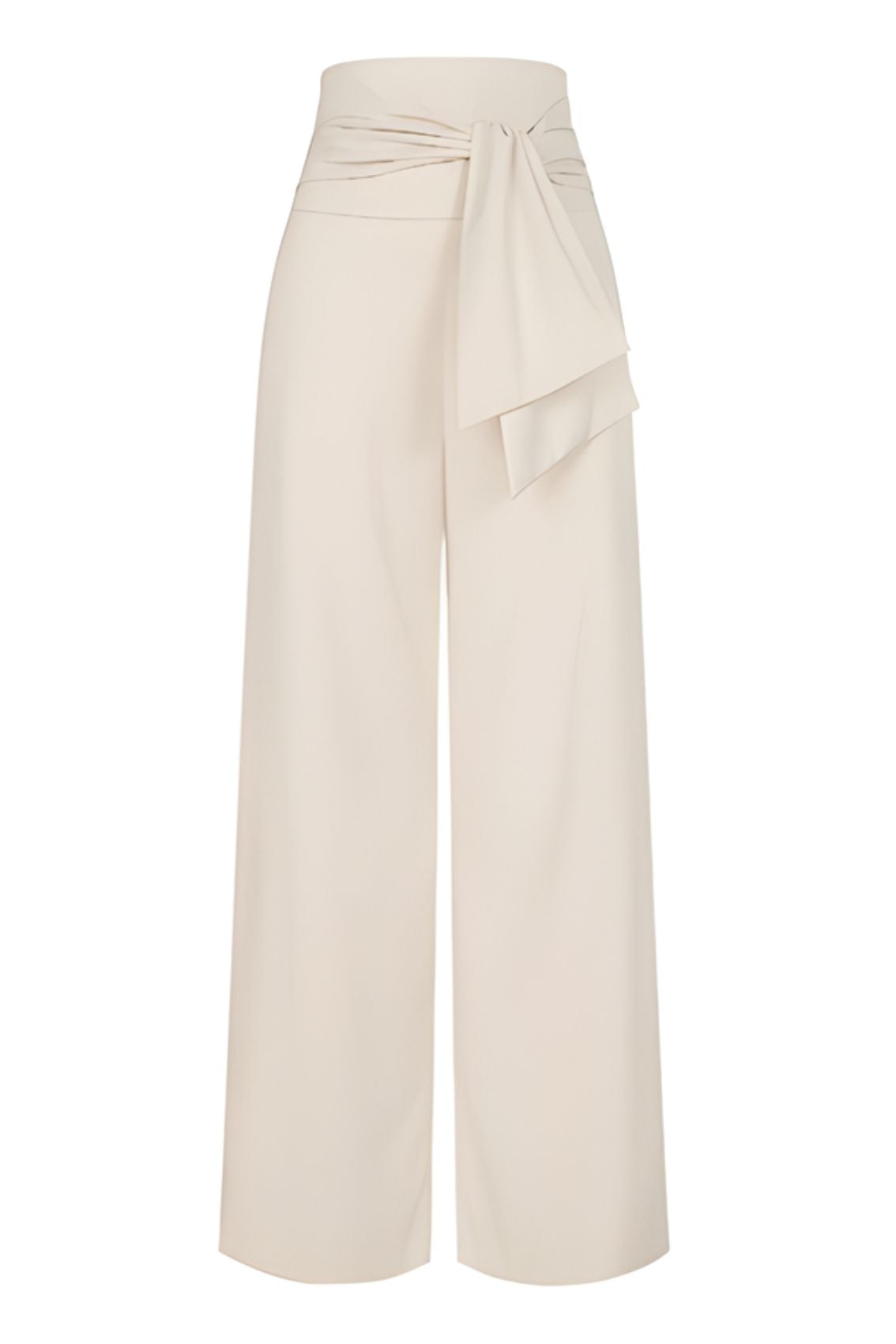 Packshot: beige, weit geschnittene Hose mit hohem Wickelbund und seitlich gebundenem Bindegürtel, Frontansicht.