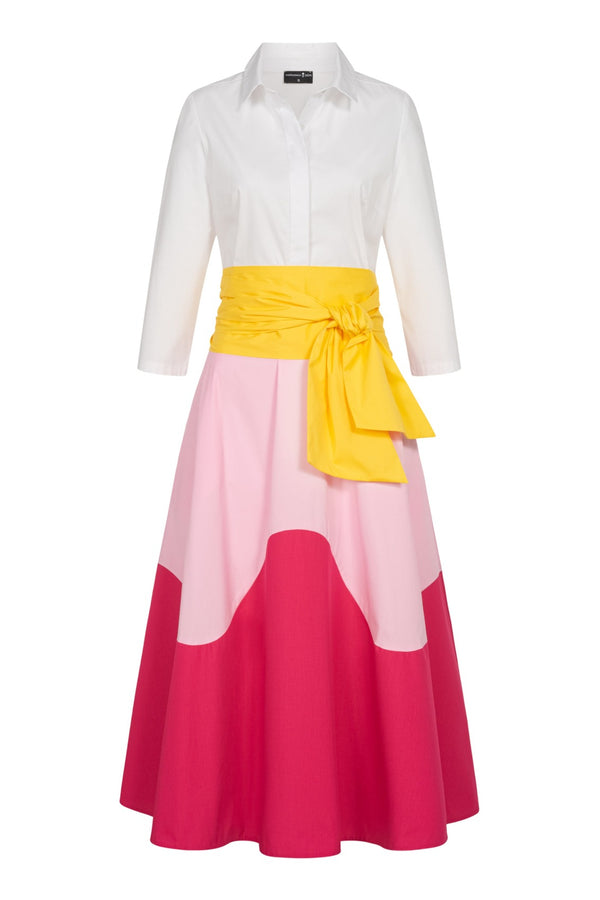 Produktfoto von einem Blusenkleid in Colorblock-Farben Gelb, Rosa und Pink