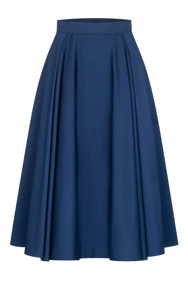 Pleated Cotton Sateen Skirt Navy Blue