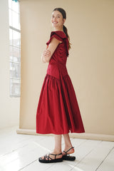 Ruffled Midi Dress Bordeaux-Red
