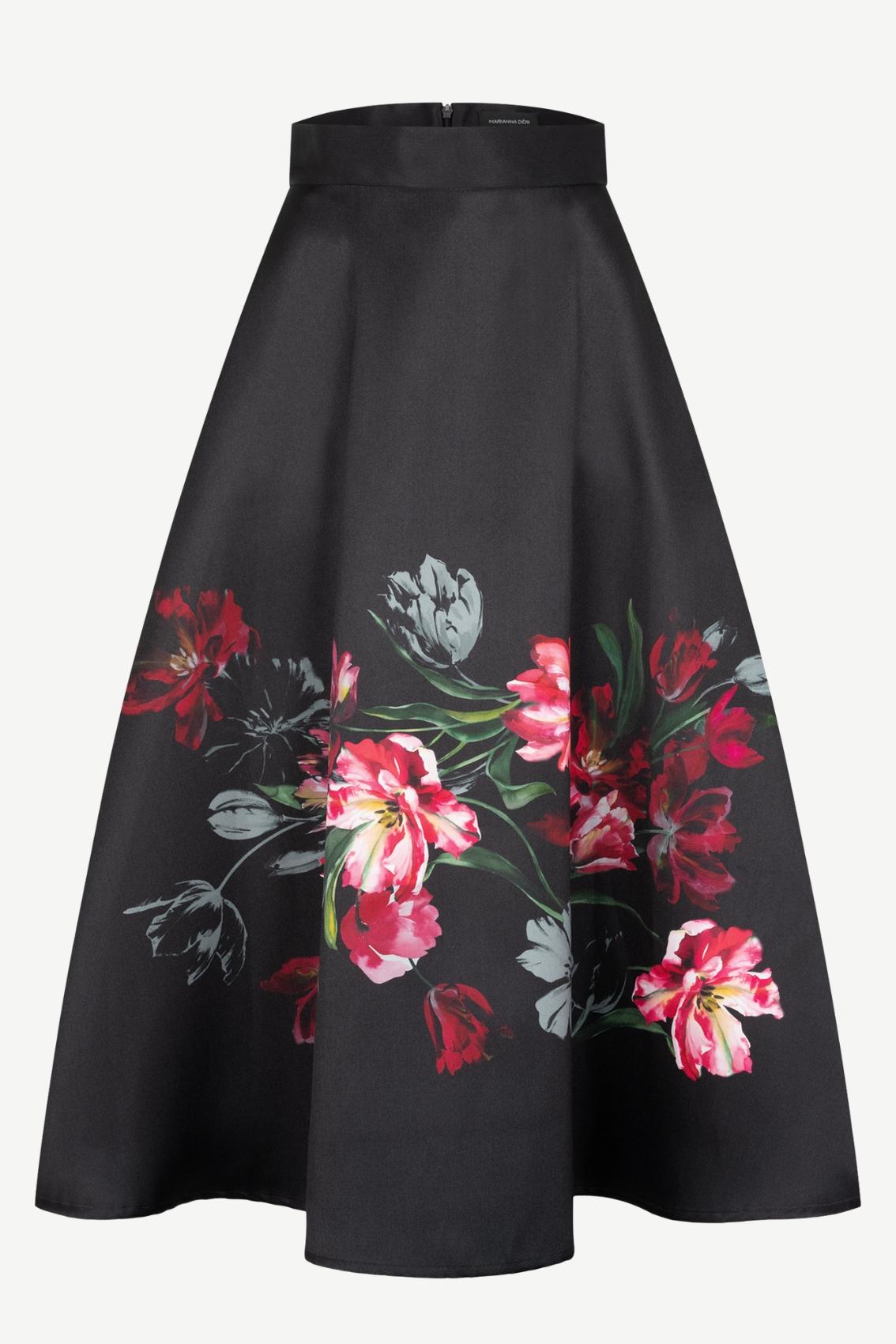 Maxirock Blumenbouquet-Print in Schwarz, schwingende A-Linie mit Seitentaschen, Frontansicht.