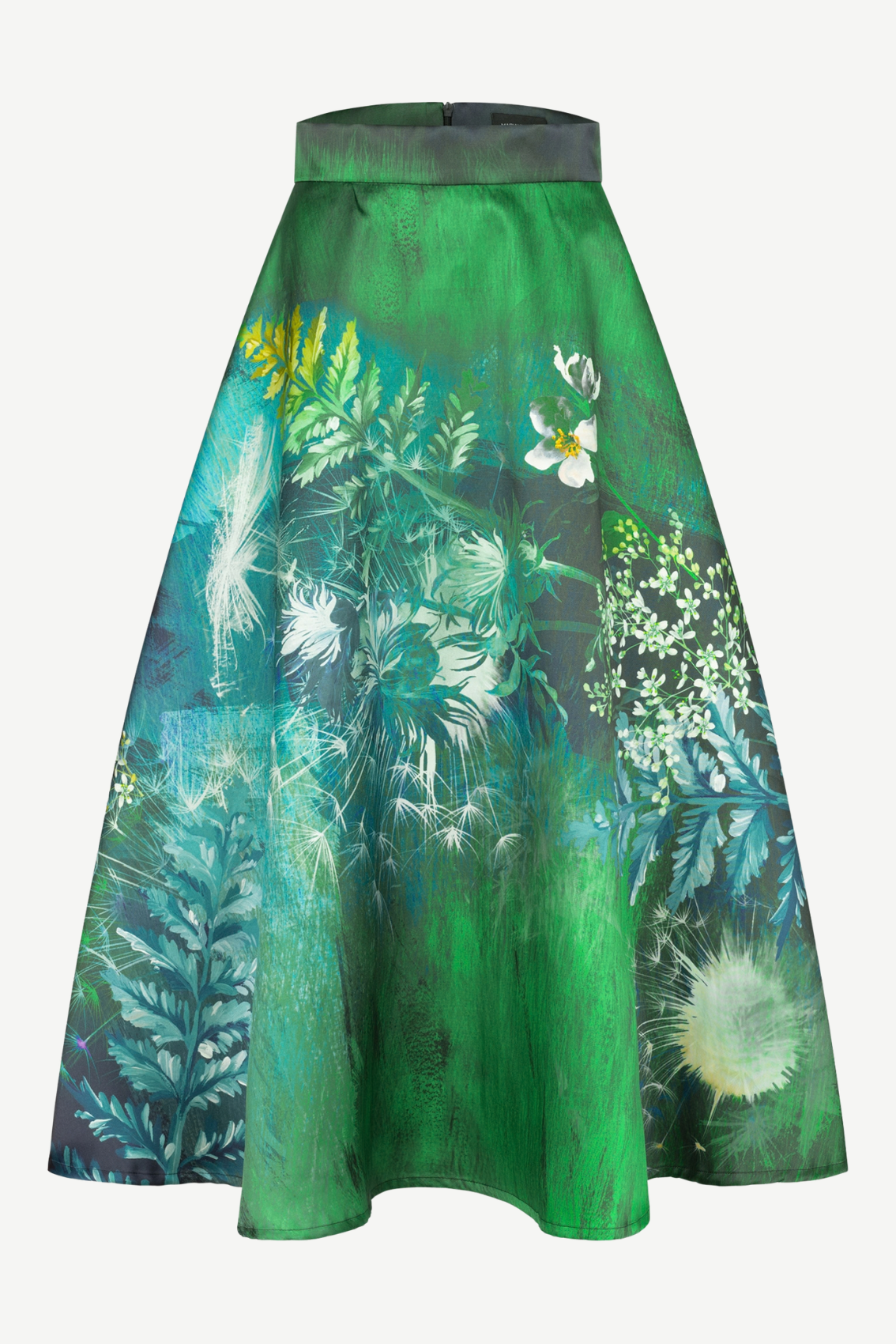 Maxirock Wildblumen-Print in Grün, schwingende A-Linie mit Seitentaschen, Frontansicht.