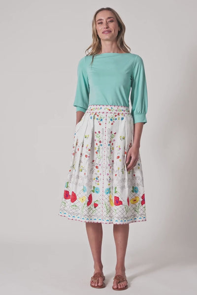 Midirock mit Blumenprint mit dekorativem Bund und floralem Bordürenmuster.