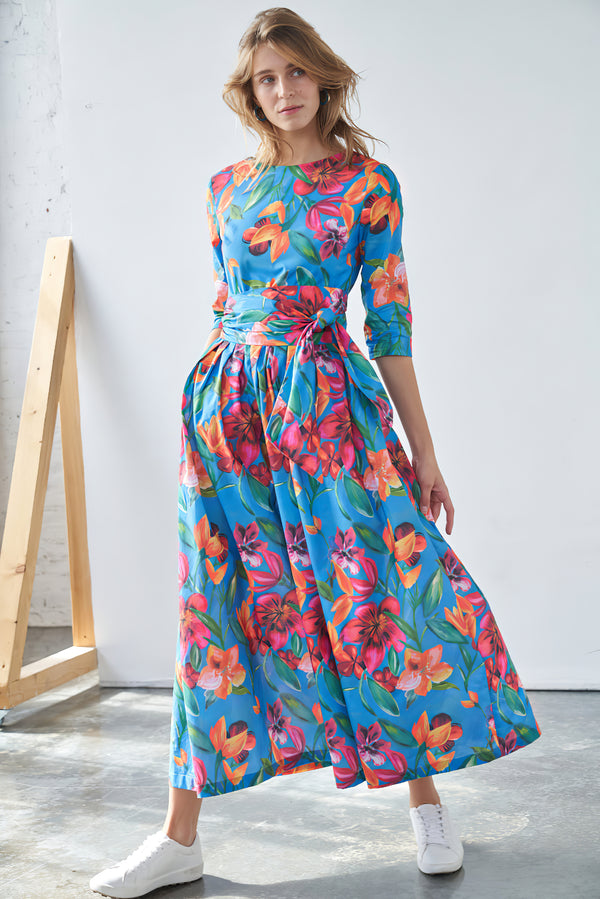 Floral Print Maxi Dress with Detachable Wide Belt