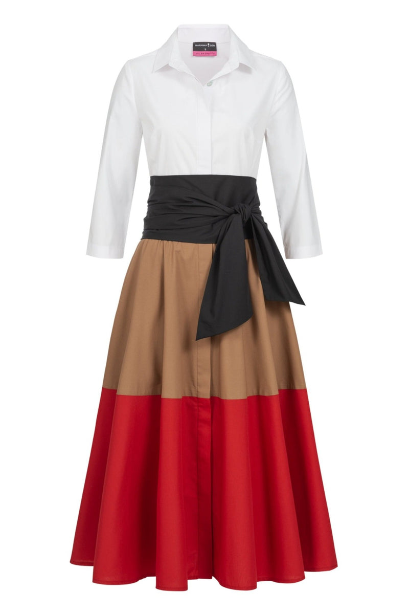 Blusenkleid mit Bindegürtel Colorblock Karamel-Rot