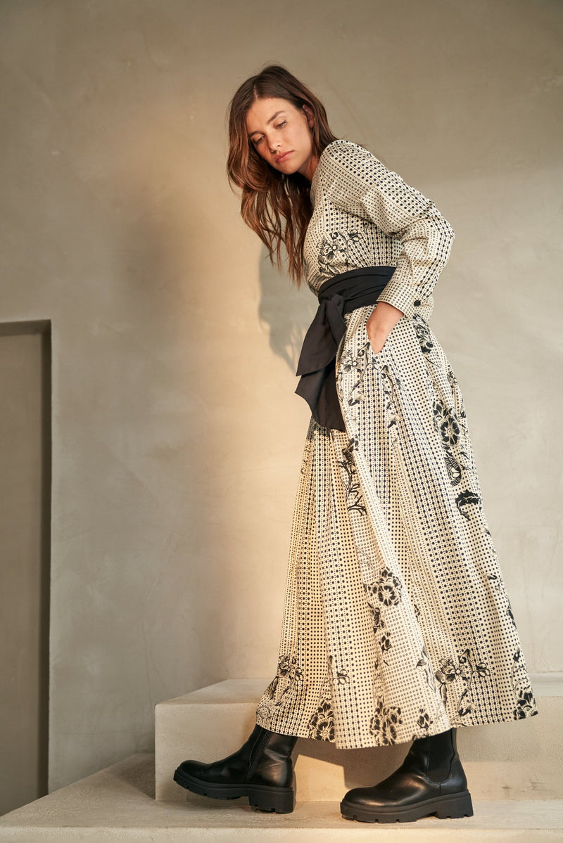 Dots-Flower-Print Maxi Dress with Detachable Wide Belt