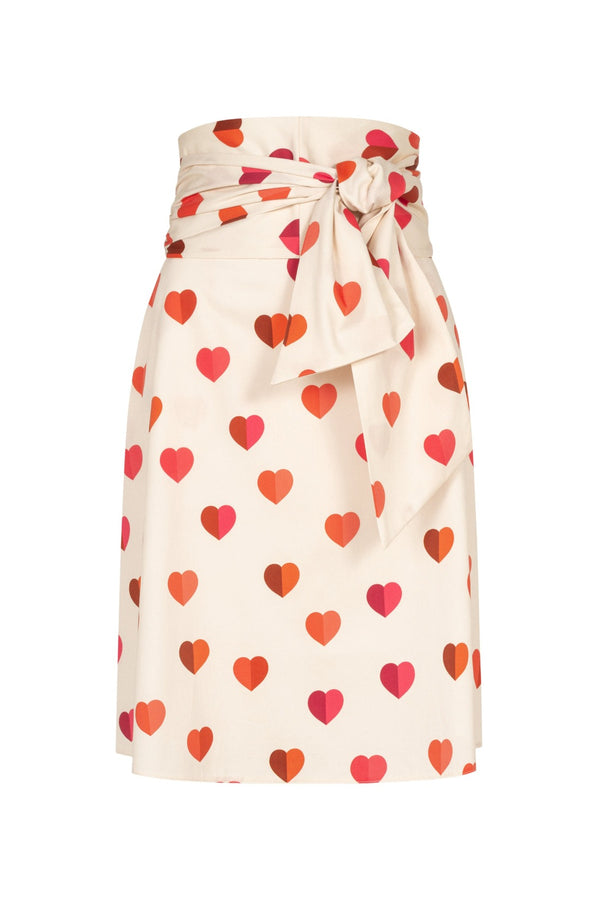 Heart Print A-line Skirt With Tie Belt