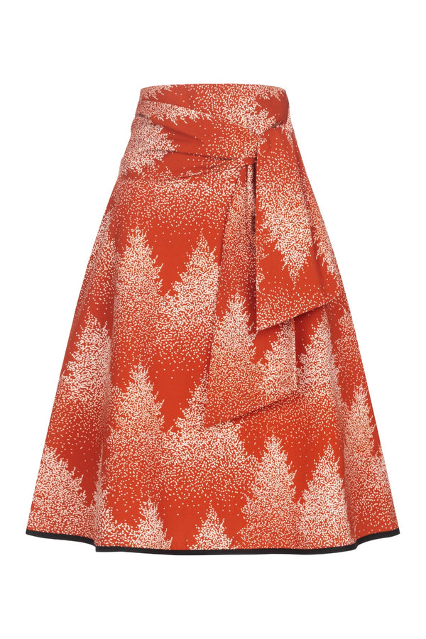 Forest Print A-line Skirt With Tie Belt