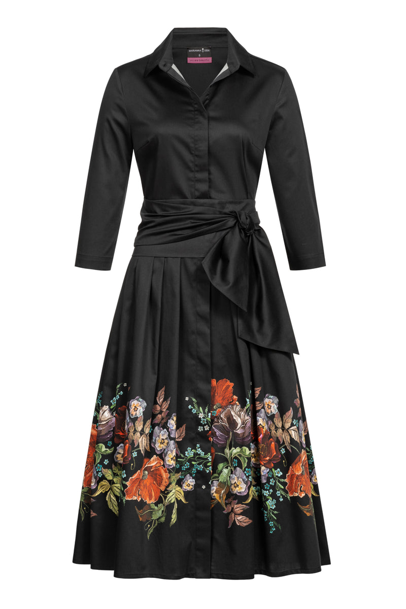 Blusenkleid mit Blumenranke und abnehmbaren breiten Gürtel Schwarz