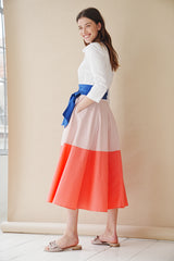 Rosé-Salmon Colorblock Shirt Dress With Tie Belt 