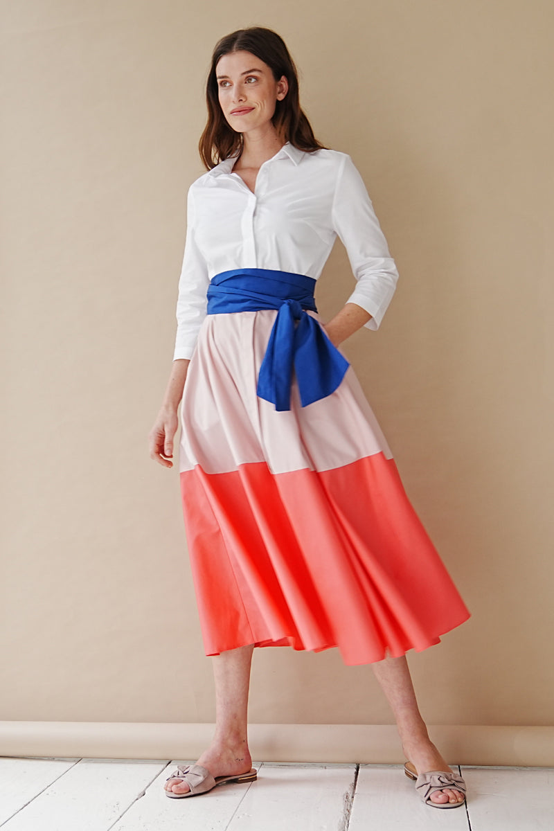 Rosé-Salmon Colorblock Shirt Dress With Tie Belt 