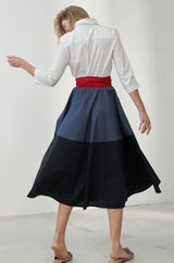 Blusenkleid mit Bindegürtel Colorblock Blau-Schwarz