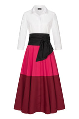 Pink-Red Colorblock Shirt Dress With Tie Belt