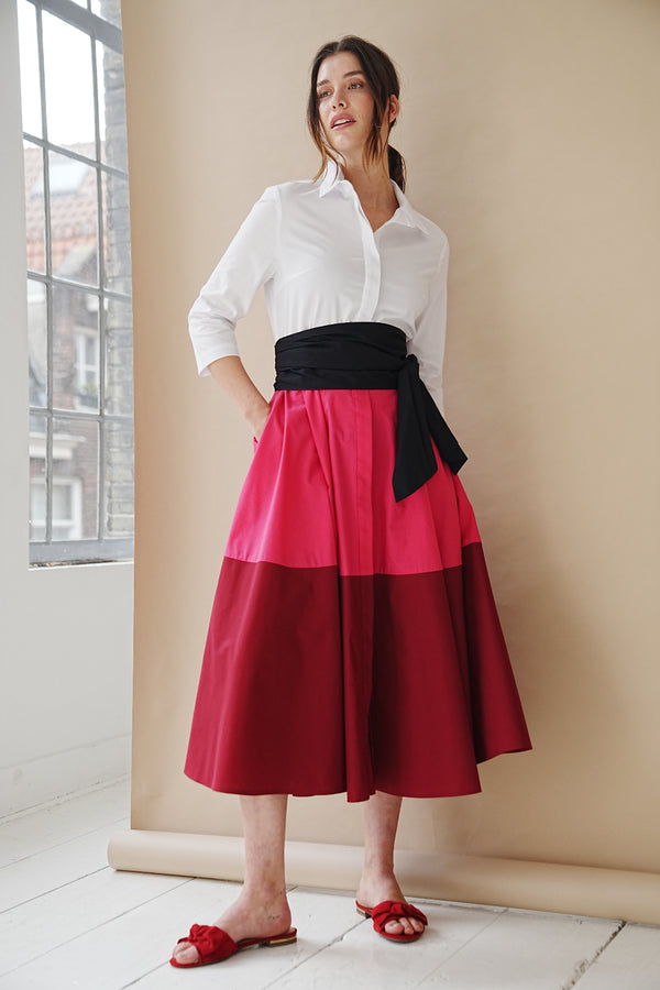 Pink-Red Colorblock Shirt Dress With Tie Belt 