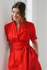 Maxi Shirtdress with Detachable Wide Belt Red