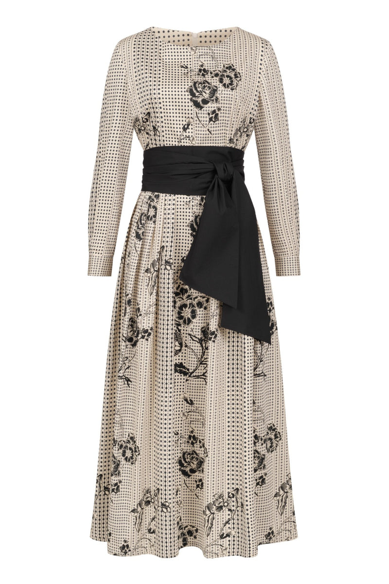 Dots-Flower-Print Maxi Dress with Detachable Wide Belt
